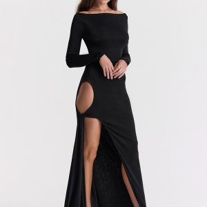 Long Sleeve Black Side Slit Hollow Tie Up Maxi Dress
