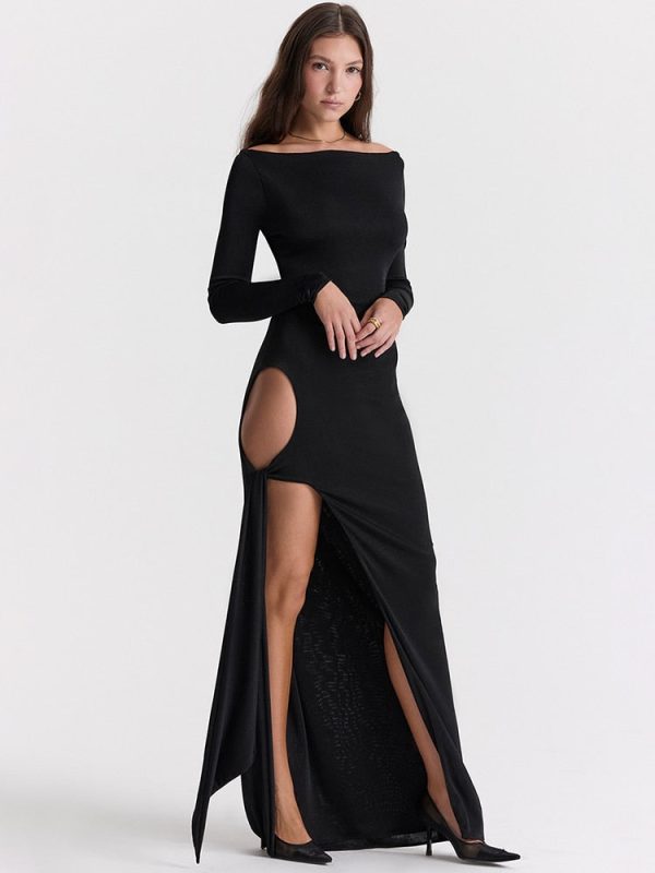 Long Sleeve Black Side Slit Hollow Tie Up Maxi Dress Long Sleeve Black Side Slit Hollow Tie Up Maxi Dress