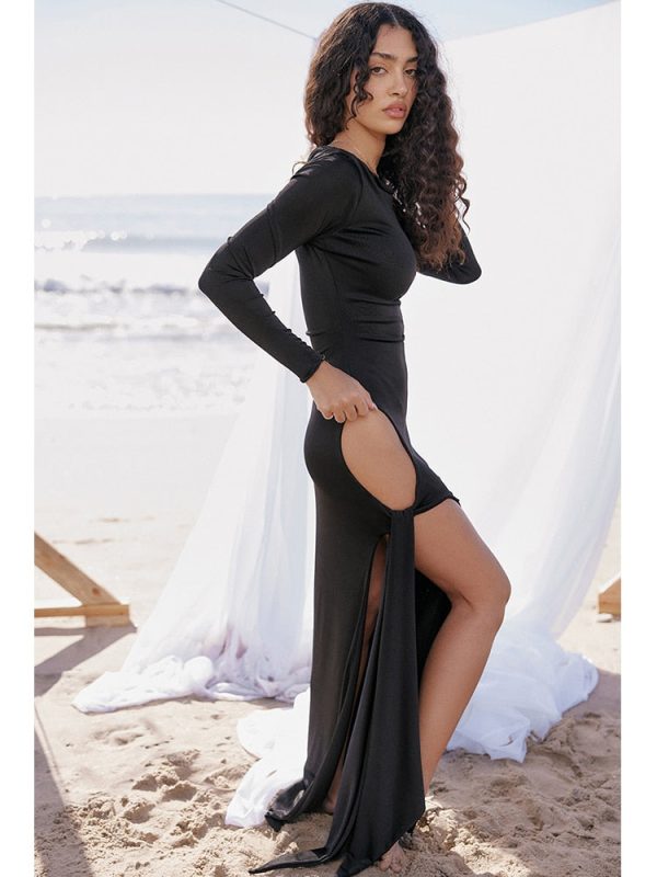 Long Sleeve Black Side Slit Hollow Tie Up Maxi Dress Long Sleeve Black Side Slit Hollow Tie Up Maxi Dress