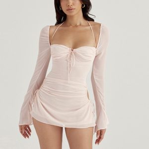 Long Sleeve Mesh Tie Up Hollow Drawstring Mini Dress