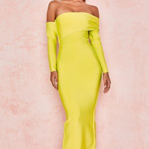 Long Sleeve Off Shoulder Slit Bandage Maxi Prom Formal Dress - Yellow