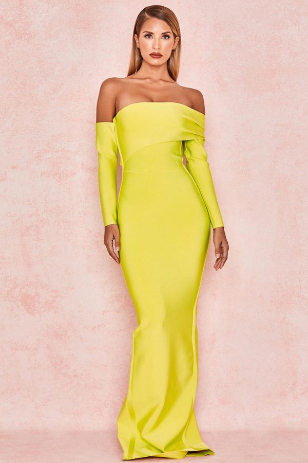 Long Sleeve Off Shoulder Slit Bandage Maxi Prom Formal Dress - Yellow Long Sleeve Off Shoulder Slit Bandage Maxi Prom Formal Dress - Yellow