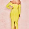 Long Sleeve Off Shoulder Slit Bandage Maxi Prom Formal Dress - Yellow Long Sleeve Off Shoulder Slit Bandage Maxi Prom Formal Dress - Yellow