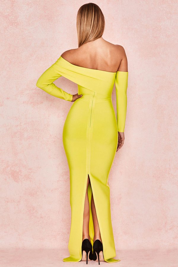 Long Sleeve Off Shoulder Slit Bandage Maxi Prom Formal Dress - Yellow Long Sleeve Off Shoulder Slit Bandage Maxi Prom Formal Dress - Yellow
