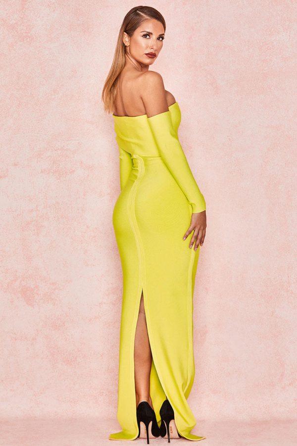Long Sleeve Off Shoulder Slit Bandage Maxi Prom Formal Dress - Yellow Long Sleeve Off Shoulder Slit Bandage Maxi Prom Formal Dress - Yellow