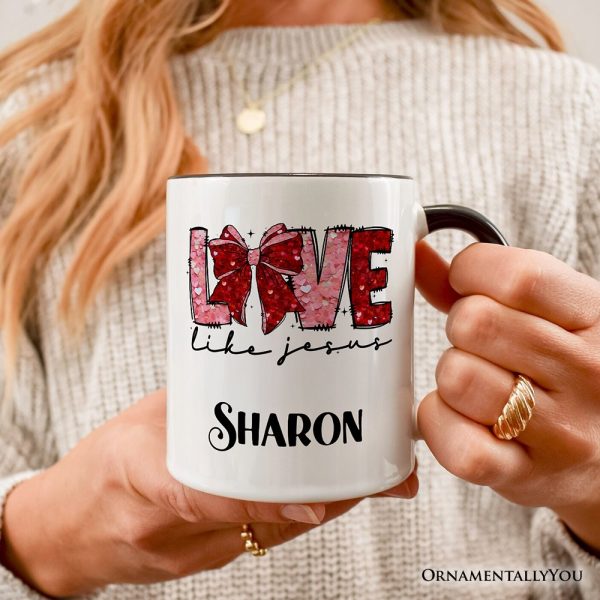Love Like Jesus Coquette Bow Valentine Personalized Mug, Christian Hearts Gift with Custom Name Love Like Jesus Coquette Bow Valentine Personalized Mug, Christian Hearts Gift with Custom Name