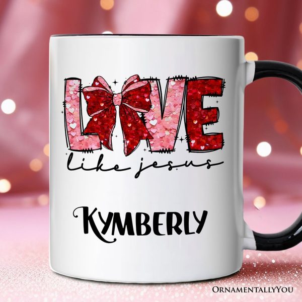 Love Like Jesus Coquette Bow Valentine Personalized Mug, Christian Hearts Gift with Custom Name Love Like Jesus Coquette Bow Valentine Personalized Mug, Christian Hearts Gift with Custom Name