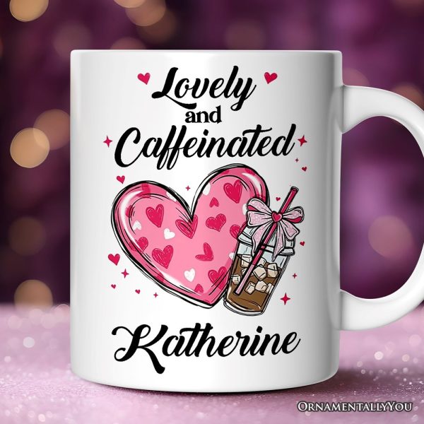 Lovely And Caffeinated Personalized Mug, Valentine Heart Coquette Bow Coffee Lover Gift With Custom Name Lovely And Caffeinated Personalized Mug, Valentine Heart Coquette Bow Coffee Lover Gift With Custom Name