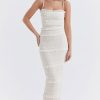 Luxury Layered Ruffle Spaghetti Strap Smocked Pleated Evening Maxi Dress - Ivory Luxury Layered Ruffle Spaghetti Strap Smocked Pleated Evening Maxi Dress - Ivory