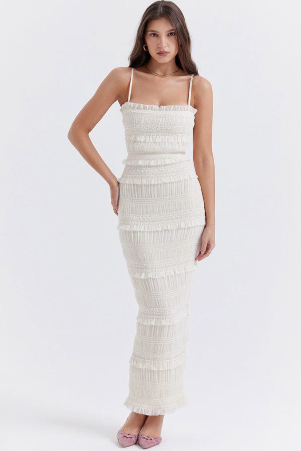 Luxury Layered Ruffle Spaghetti Strap Smocked Pleated Evening Maxi Dress - Ivory Luxury Layered Ruffle Spaghetti Strap Smocked Pleated Evening Maxi Dress - Ivory