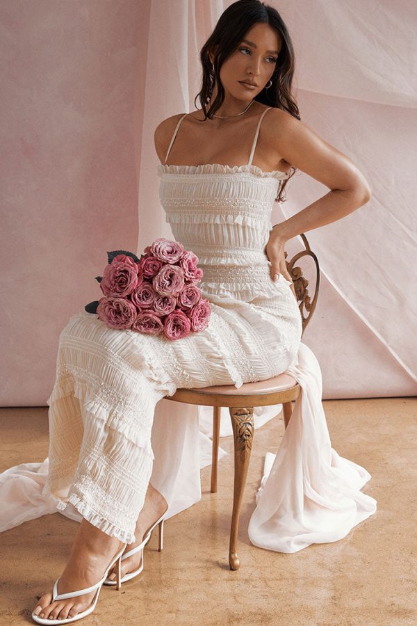 Luxury Layered Ruffle Spaghetti Strap Smocked Pleated Evening Maxi Dress - Ivory Luxury Layered Ruffle Spaghetti Strap Smocked Pleated Evening Maxi Dress - Ivory