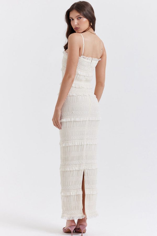 Luxury Layered Ruffle Spaghetti Strap Smocked Pleated Evening Maxi Dress - Ivory Luxury Layered Ruffle Spaghetti Strap Smocked Pleated Evening Maxi Dress - Ivory