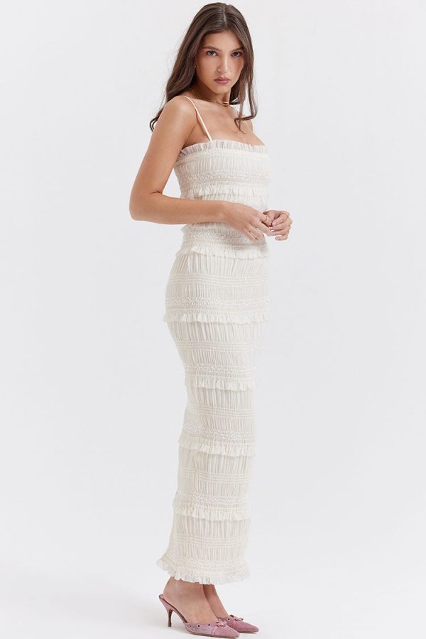 Luxury Layered Ruffle Spaghetti Strap Smocked Pleated Evening Maxi Dress - Ivory Luxury Layered Ruffle Spaghetti Strap Smocked Pleated Evening Maxi Dress - Ivory