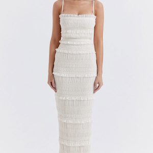 Luxury Layered Ruffle Spaghetti Strap Smocked Pleated Evening Maxi Dress - Ivory