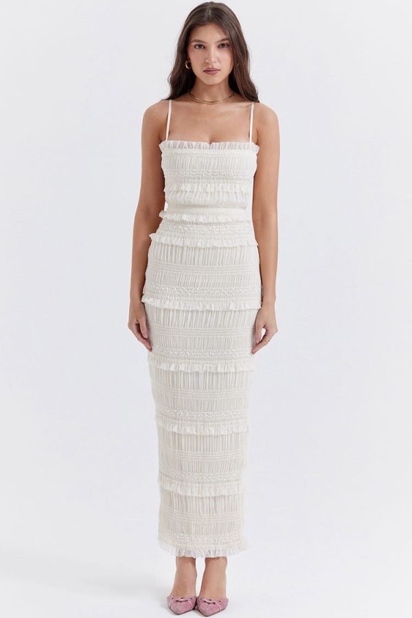Luxury Layered Ruffle Spaghetti Strap Smocked Pleated Evening Maxi Dress - Ivory Luxury Layered Ruffle Spaghetti Strap Smocked Pleated Evening Maxi Dress - Ivory