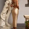 Luxury Metallic Bandage Cutout Bodycon Split Cocktail Party Midi Dress - Gold