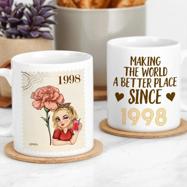 Making the World a Better Place Personalized White Ceramic Mug with Birth Year and Cartoon Girl