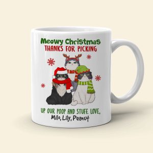 Meowy Christmas Thanks For Picking Up Our Stuff, Personalized Cat Christmas Mug, Christmas Gift