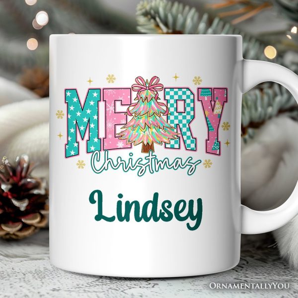 Merry Christmas Coquette Tree Personalized Mug, Preppy Retro Holiday Gift with Custom Name Merry Christmas Coquette Tree Personalized Mug, Preppy Retro Holiday Gift with Custom Name