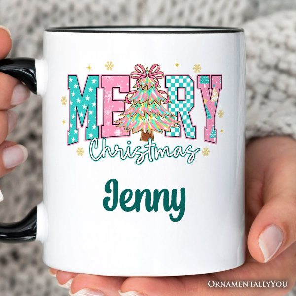 Merry Christmas Coquette Tree Personalized Mug, Preppy Retro Holiday Gift with Custom Name Merry Christmas Coquette Tree Personalized Mug, Preppy Retro Holiday Gift with Custom Name