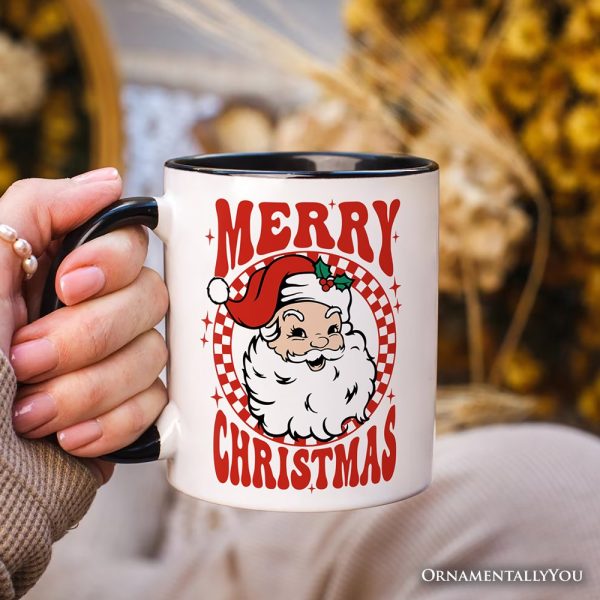 Merry Christmas Santa Personalized Mug, Retro Red Checkered Holiday Gift with Custom Name
