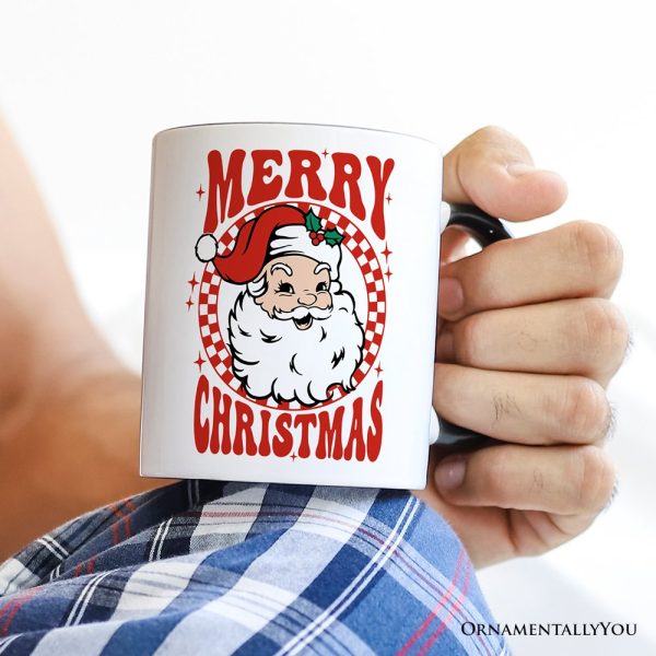 Merry Christmas Santa Personalized Mug, Retro Red Checkered Holiday Gift with Custom Name