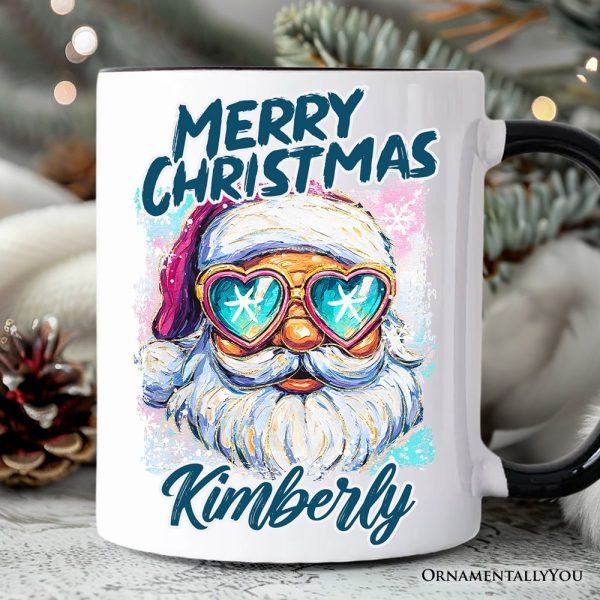 Merry Christmas Santa Sunglasses Christmas Personalized Mug, Funky Retro Holiday Gift with Custom Name Merry Christmas Santa Sunglasses Christmas Personalized Mug, Funky Retro Holiday Gift with Custom Name