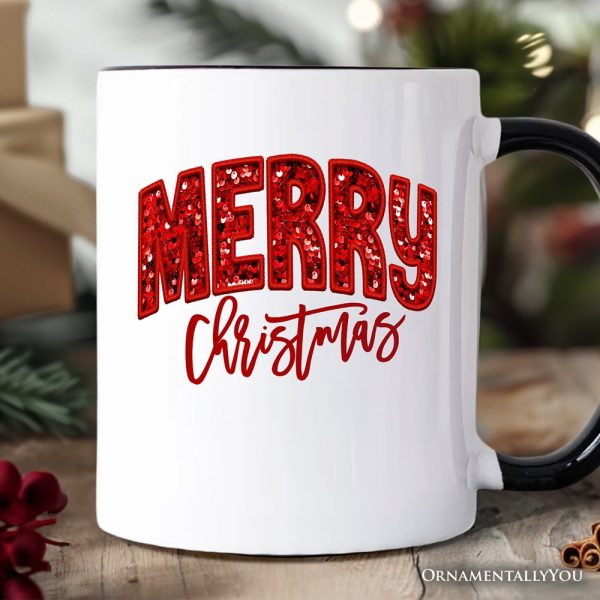 Merry Christmas Sequin Personalized Mug, Bold Red Glitter Custom Gift for Festive Holiday Season Merry Christmas Sequin Personalized Mug, Bold Red Glitter Custom Gift for Festive Holiday Season