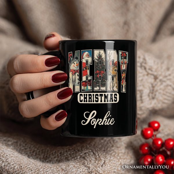 Merry Christmas Vintage Personalized Mug, Santa Tree Reindeer Snowman Nutcracker Gift with Custom Name Merry Christmas Vintage Personalized Mug, Santa Tree Reindeer Snowman Nutcracker Gift with Custom Name
