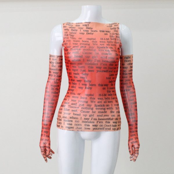 Mesh Letter Print Sleeveless Top With Gloves Mesh Letter Print Sleeveless Top With Gloves