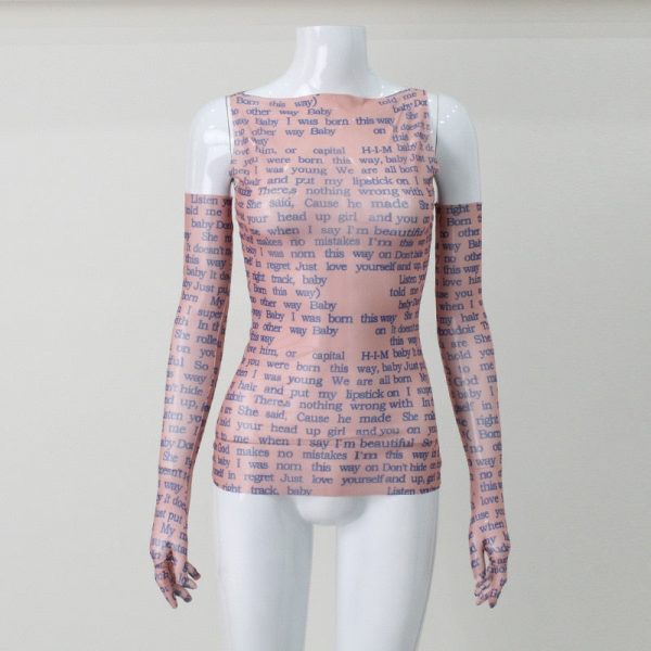 Mesh Letter Print Sleeveless Top With Gloves Mesh Letter Print Sleeveless Top With Gloves