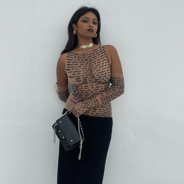 Mesh Letter Print Sleeveless Top With Gloves Mesh Letter Print Sleeveless Top With Gloves