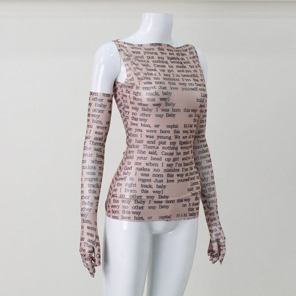 Mesh Letter Print Sleeveless Top With Gloves Mesh Letter Print Sleeveless Top With Gloves
