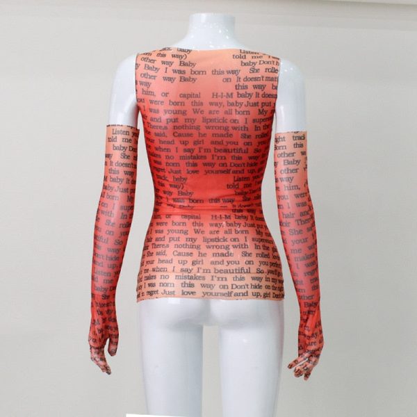 Mesh Letter Print Sleeveless Top With Gloves Mesh Letter Print Sleeveless Top With Gloves
