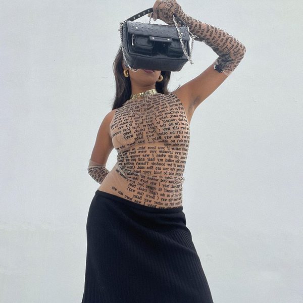 Mesh Letter Print Sleeveless Top With Gloves Mesh Letter Print Sleeveless Top With Gloves