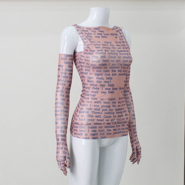 Mesh Letter Print Sleeveless Top With Gloves Mesh Letter Print Sleeveless Top With Gloves
