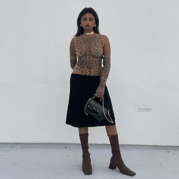 Mesh Letter Print Sleeveless Top With Gloves Mesh Letter Print Sleeveless Top With Gloves