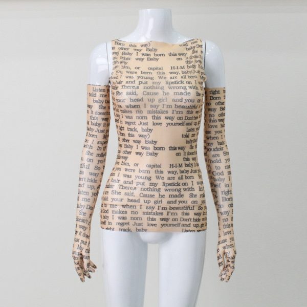 Mesh Letter Print Sleeveless Top With Gloves Mesh Letter Print Sleeveless Top With Gloves