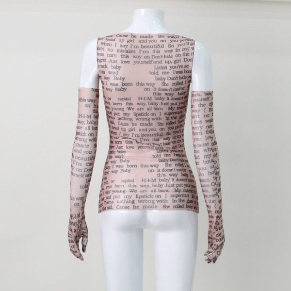 Mesh Letter Print Sleeveless Top With Gloves Mesh Letter Print Sleeveless Top With Gloves