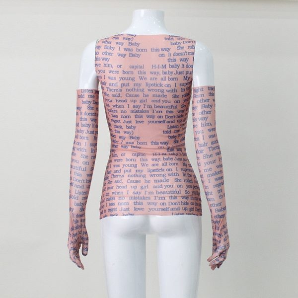 Mesh Letter Print Sleeveless Top With Gloves Mesh Letter Print Sleeveless Top With Gloves