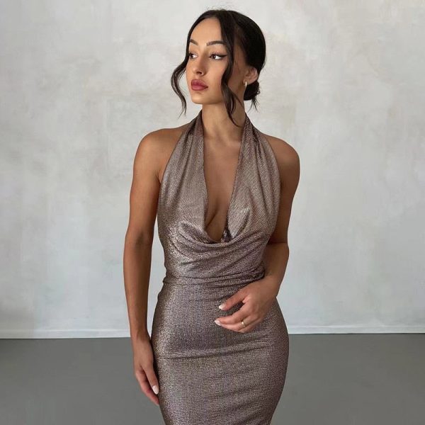 Metallic Drape Chest Backless Maxi Dress