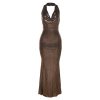 Metallic Drape Chest Backless Maxi Dress