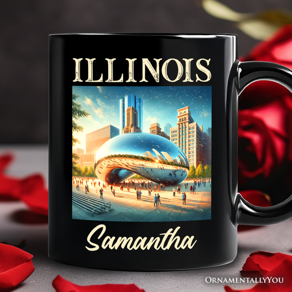 Modern Illinois State Cloud Gate Personalized Mug, Iconic Chicago Bean Gift and Urban Landmark Souvenir with Custom Name Modern Illinois State Cloud Gate Personalized Mug, Iconic Chicago Bean Gift and Urban Landmark Souvenir with Custom Name