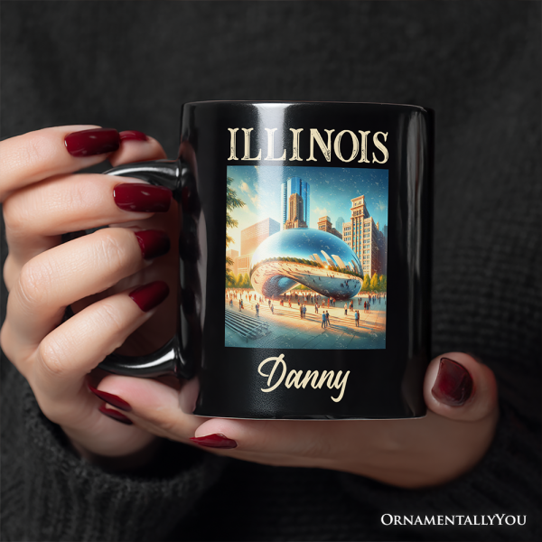 Modern Illinois State Cloud Gate Personalized Mug, Iconic Chicago Bean Gift and Urban Landmark Souvenir with Custom Name Modern Illinois State Cloud Gate Personalized Mug, Iconic Chicago Bean Gift and Urban Landmark Souvenir with Custom Name