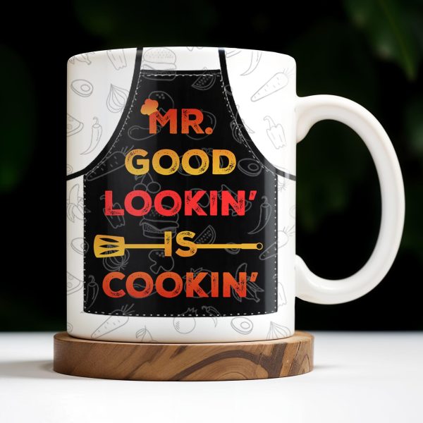 Mr. Good Lookin' Is Cookin' Apron And BBQ Grill Design - Personalized Custom Coffee Mug - GRILL004_MG Mr. Good Lookin' Is Cookin' Apron And BBQ Grill Design - Personalized Custom Coffee Mug - GRILL004_MG