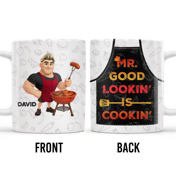 Mr. Good Lookin' Is Cookin' Apron And BBQ Grill Design - Personalized Custom Coffee Mug - GRILL004_MG Mr. Good Lookin' Is Cookin' Apron And BBQ Grill Design - Personalized Custom Coffee Mug - GRILL004_MG