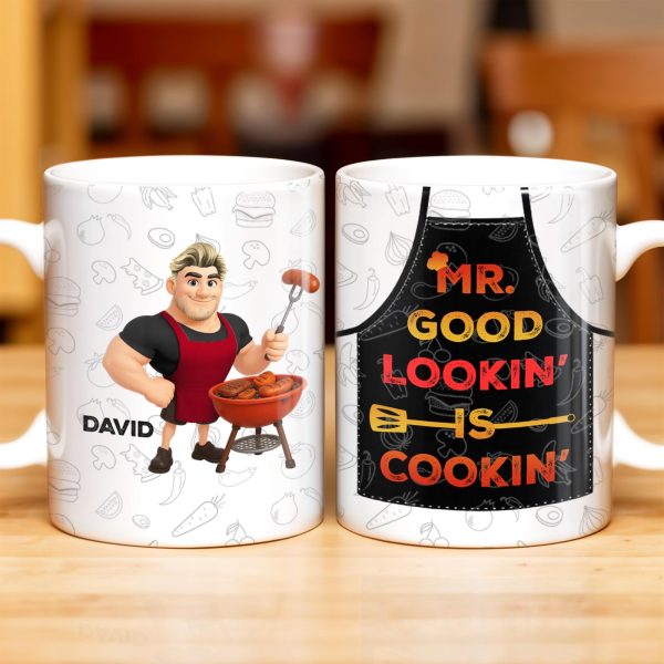 Mr. Good Lookin' Is Cookin' Apron And BBQ Grill Design - Personalized Custom Coffee Mug - GRILL004_MG Mr. Good Lookin' Is Cookin' Apron And BBQ Grill Design - Personalized Custom Coffee Mug - GRILL004_MG