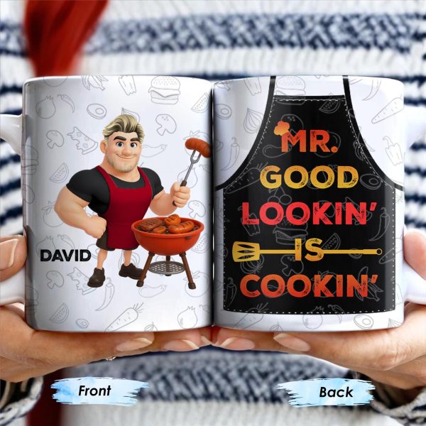 Mr. Good Lookin' Is Cookin' Apron And BBQ Grill Design - Personalized Custom Coffee Mug - GRILL004_MG Mr. Good Lookin' Is Cookin' Apron And BBQ Grill Design - Personalized Custom Coffee Mug - GRILL004_MG