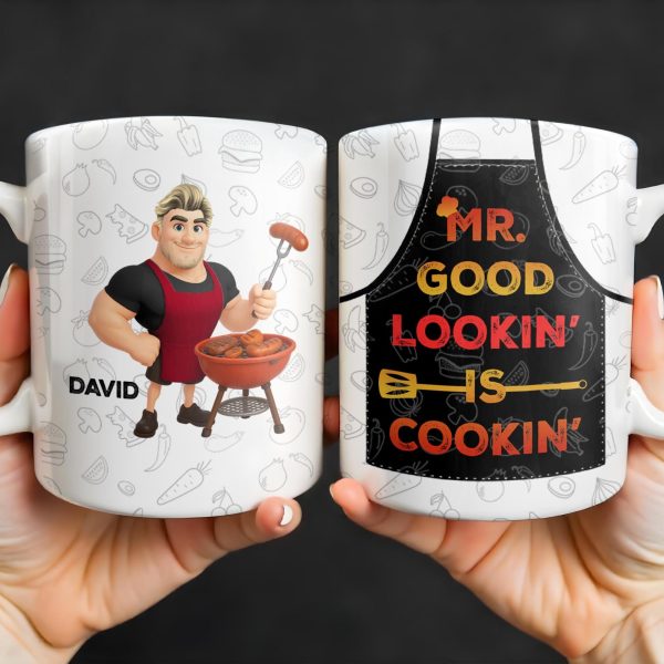 Mr. Good Lookin' Is Cookin' Apron And BBQ Grill Design - Personalized Custom Coffee Mug - GRILL004_MG Mr. Good Lookin' Is Cookin' Apron And BBQ Grill Design - Personalized Custom Coffee Mug - GRILL004_MG