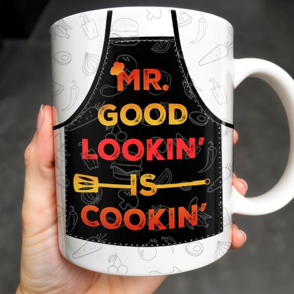Mr. Good Lookin' Is Cookin' Apron And BBQ Grill Design - Personalized Custom Coffee Mug - GRILL004_MG Mr. Good Lookin' Is Cookin' Apron And BBQ Grill Design - Personalized Custom Coffee Mug - GRILL004_MG